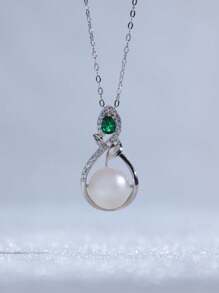 Shein - 1pc Women's Exquisite S925 Silver Unique Designed Classic Teardrop Shaped Natural Pearl Pendant Neckalce With Inlaid Emerald Colored Zirconia