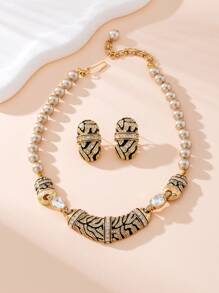 Shein - 1 Set Including 1 Necklace, 1 Pair Of Earrings, With Zebra Stripe Texture, Glass Pearl