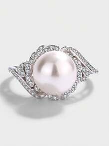 Shein - European And American Fashion Personality S925 Sterling Silver Natural Freshwater Cultured Pearl Inlaid Diamond Ring