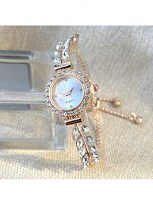 Shein - Fashionable Rhinestone Inlaid Leaf & Round Shaped Women's Watch