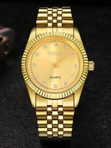 Shein - 1pc Fashionable Business Classic Men's Round Gold Steel Band Quartz Wristwatch