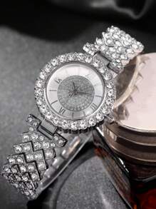 Shein - 6pcs Fashionable And Luxurious Full Diamond Roman Scale Steel Band Women's Quartz Watch