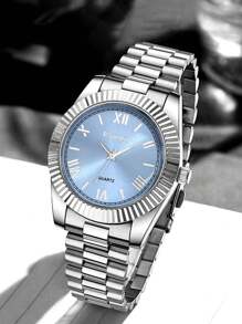 Shein - 1pc Fashion Business Leisure Round Roman Scale Men's Steel Band Quartz Watch