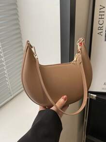 Shein - 1pc Solid Color PU Leather Simple Fashion Zipper Shoulder Bag