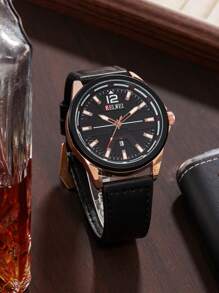 Shein - Casual Sports Watch For Men, New Quartz Watch With Leather Strap Black