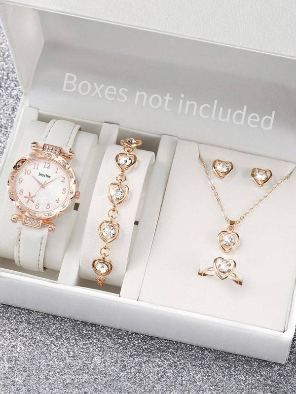Shein - 6pcs/Set Women's Fashion Casual Rhinestone Floral Dial Quartz Wrist Watch