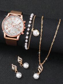 Shein - 5pcs/Set Women Hollow Mesh Band Fashion Casual Quartz Watch