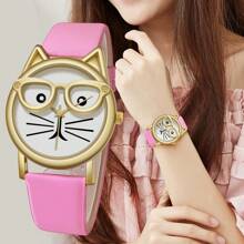 Shein - 1pc Ladies Cute Cat Eye Shaped Case Leather Band Quartz Wrist Watch