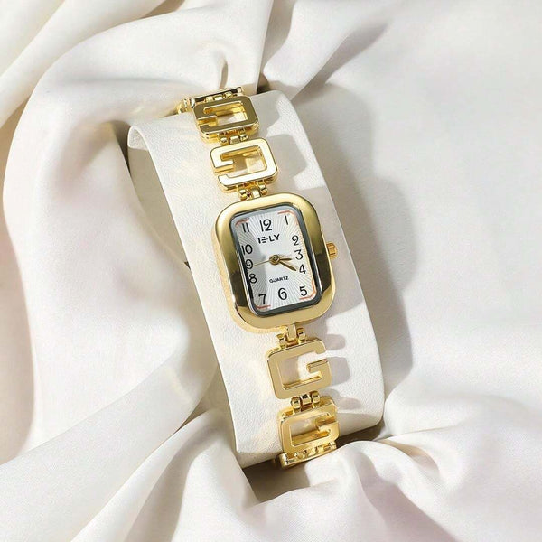 Shein - Fashion Women's Watch Gold Alloy Square Dial Digital Quartz Watch,