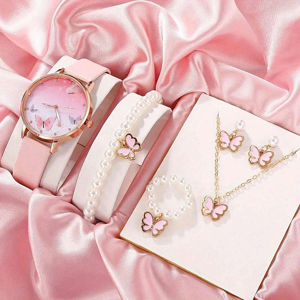 Shein - 6 Piece Set Women Fashion Quartz Watch Women Clock Pink Butterfly Dial Luxury Brand