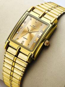 Shein - Stainless Steel Business Style Square Men's Gold Luxury Water-Resistant Quartz Watch