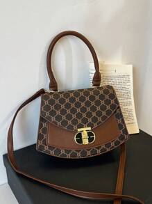 Shein - Fashion Flap Geometric Pattern Vintage Print Handbag Brown