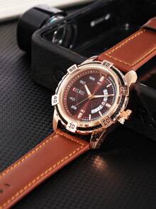 Shein - Men's Watch Quartz Movement New Leather Belt Luminous Waterproof Brown