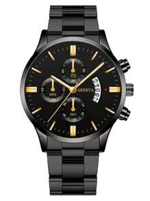 Shein - 1 Piece Of Men's Black Stainless Steel Strap Quartz Watch Suitable For Daily Wear