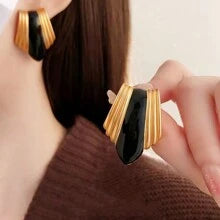 Shein - 2pcs French Vintage Drop-Oil Geometric Gold-Color Earrings