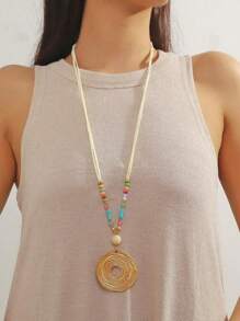 Shein - 1pc Colorful Bead & Round Pendant Necklace