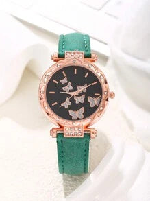 Shein - 1 PC Rose Gold Women's Full Diamond Seven Butterfly Quartz Watch