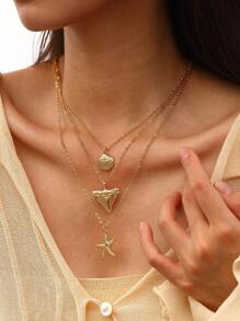 Shein - 1pc Multi-Layer Geometric Metal Starfish & Shell Necklace