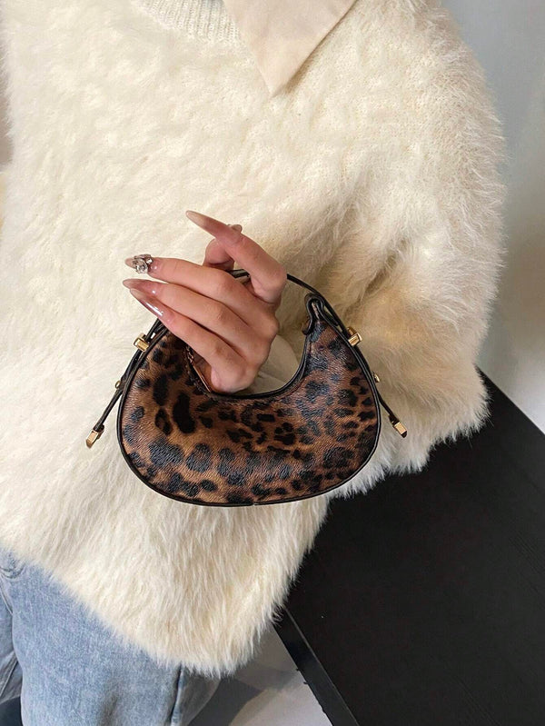 Shein - Fashionable Vintage Leopard Print Moon Shaped Chain Mini Letter Decoration Handbag