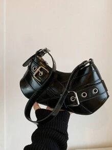 Shein - New Fashionable Buckles Decor PU Leather Shoulder Bag