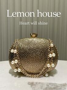 Shein - 1pc Glittery Golden Round Shape Beaded Chain Handle Handbag
