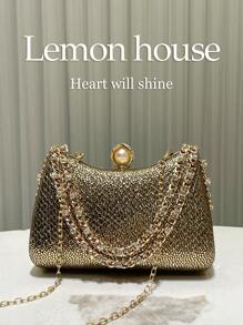 Shein - 1 Piece Gold Shiny Rhinestone Decor Chain Handle Clutch