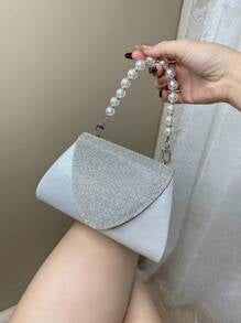 Shein - Casual Glittering Faux Pearl & Rhinestone Decorated Pearl Chain Clutch Handbag