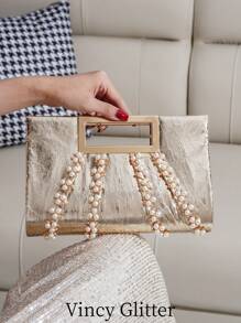 Shein - Glittery Pearl PU Leather Clutch Bag