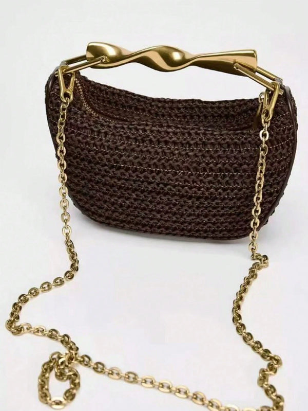 Shein - 1pc Women Fashion High-End Feeling Straw & Metal Handbag