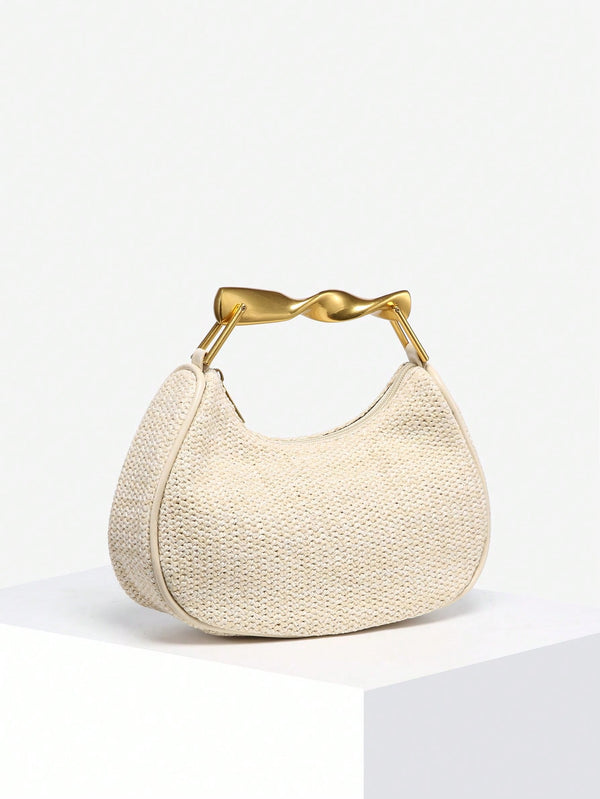 Shein - 1pc Ladies Vintage Casual Soft Faux Pebbled Leather Tote Bag With Metal Handle