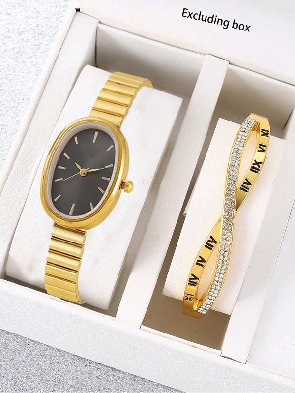 Shein - 1pc Oval Dial Bamboo Strap Women's Quartz Watch + Criss-Cross Bracelet