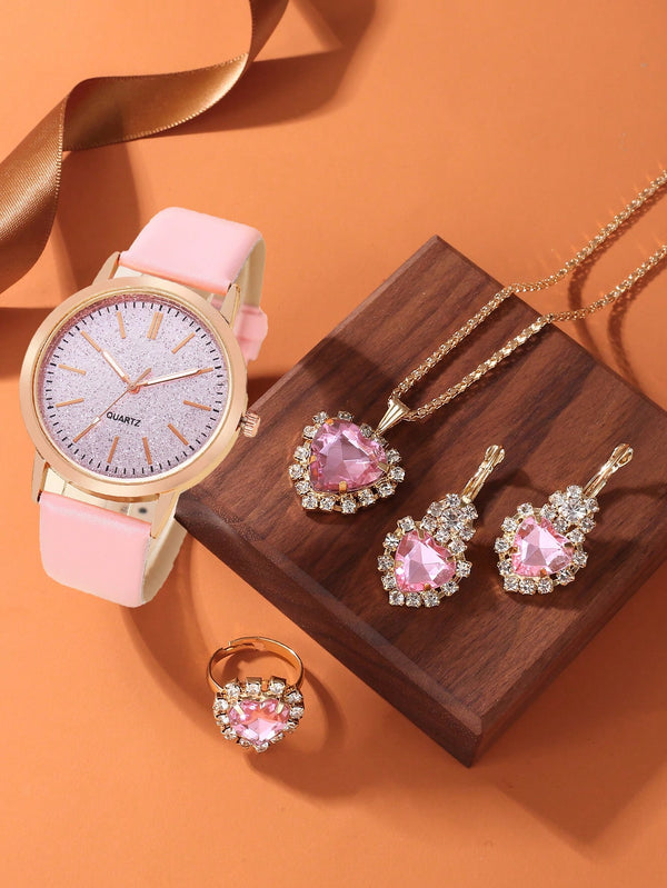 Shein - 1 Set Fashion Minimalist Leather Strap Quartz Watch + Heart Shaped Accessory For Women