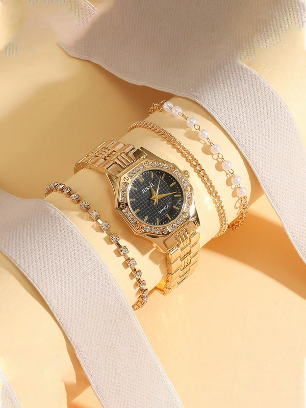 Shein - 5pcs/Set Luxury High-End Dial Watch With Steel Band, Quartz Women's Watch With Rhinestone Bracelet