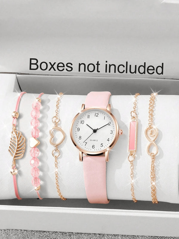 Shein - 6pcs/Set, Women's Casual PU Leather Strap And Leaf Bracelet Set