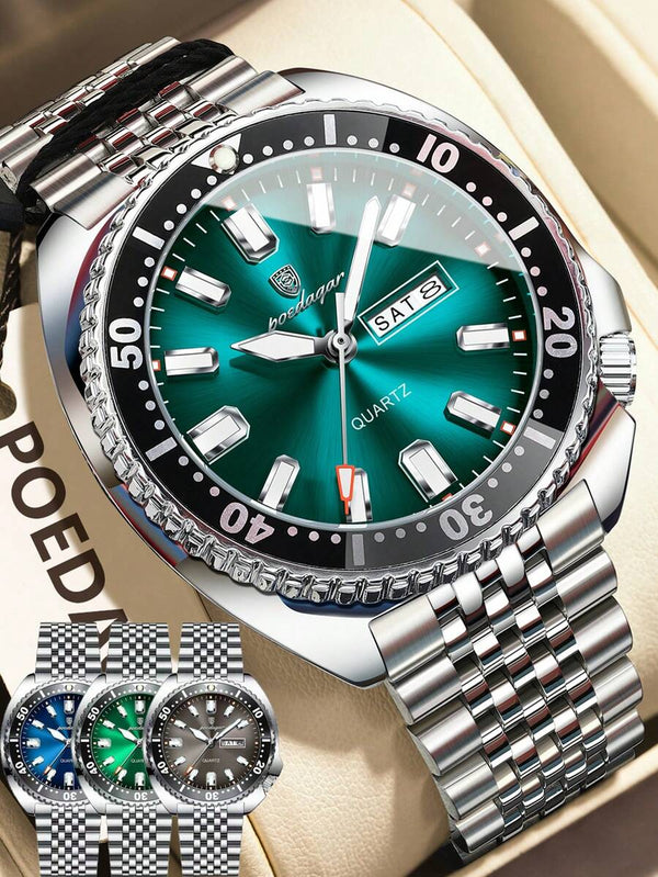 Shein -  1pc Business Men's Stainless Steel Waterproof Luminous Quartz Watch,