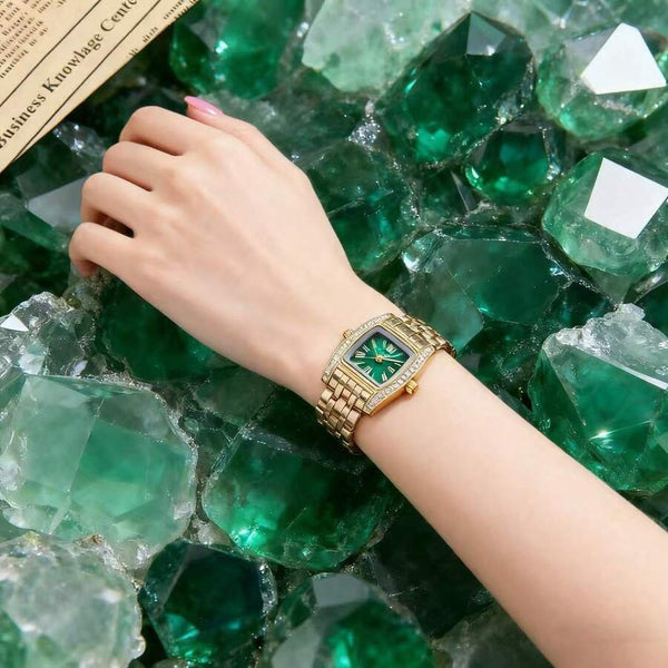 Shein - Vintage Rhinestone Gold Watch, Square Gemstone Green Dial Ladies Watch