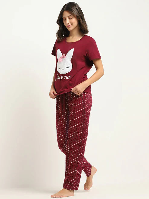 Emerce - M-Maroon Stay Cute Printed Night Suit