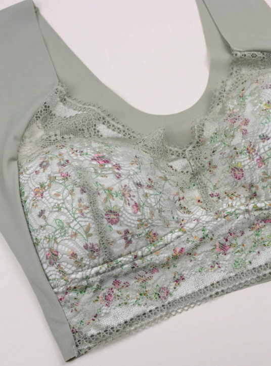 Shein Lace Wireless Bra, Comfy & Breathable Floral Print Intimates Bra Green