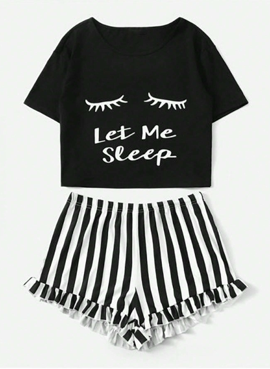 Shein - Summer 2024 New Arrivals Simple Letter Printed Short Sleeve Top & Striped Shorts Homewear Set