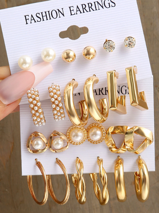 Shein - 12pairs/set Rhinestone & Faux Pearl Earrings Set