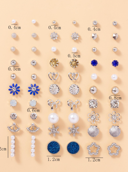 Shein - 30pairs/set Fashionable Rhinestone & Faux Pearl Decor Stud Earrings For Women For Friend's Gift