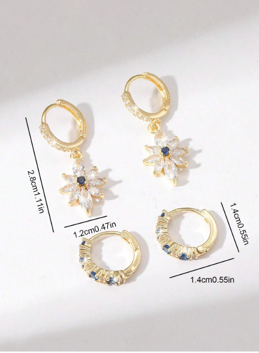 Shein - 4pcs New Style Flower Design Cubic Zirconia Inlaid Earrings For Women, Personalized Fashion Accessories, Daily Wear Or As Gift