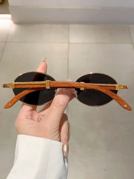 Shein - New Retro Oval Frame Fashion Glasses With Trendy Wood-Look