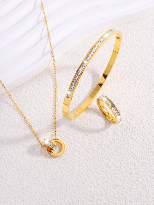 Shein - Camhanno 3 Pieces Of Exquisite And Fashionable Stainless Steel Single-Row Diamond Bracelet + Earrings + Necklace Set