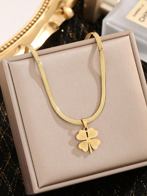 Shein - Luxury 1pc Clover Jewelry Set For Women - 18K Golden Plated Stainless Steel Necklace And Earrings Set