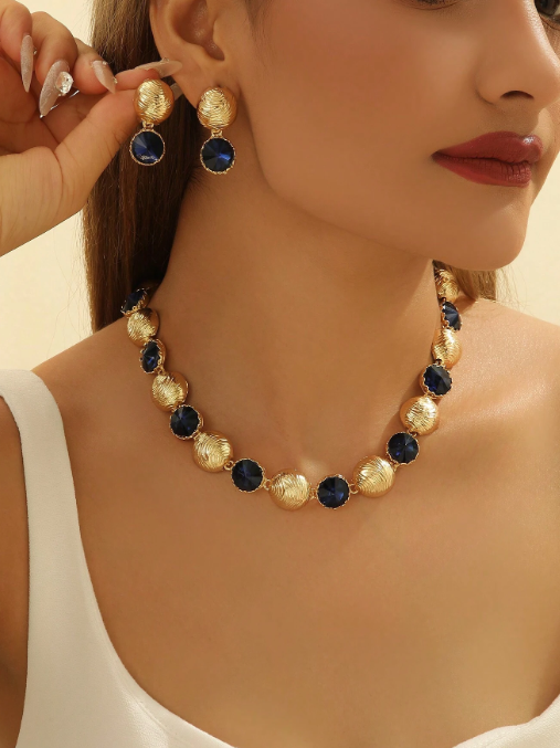 Shein - 3pcs/Set Vintage Round Wave Patterned Navy Blue Crystal Jewelry Set