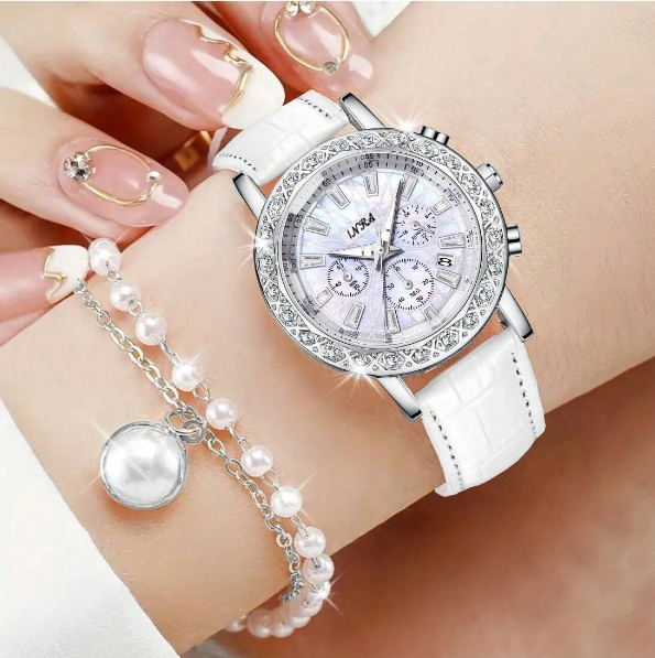 Shein -  2PCS Women's Watch Bracelet Set Fashion Casual Three-Dial Calendar Waterproof Leather Quartz Watches