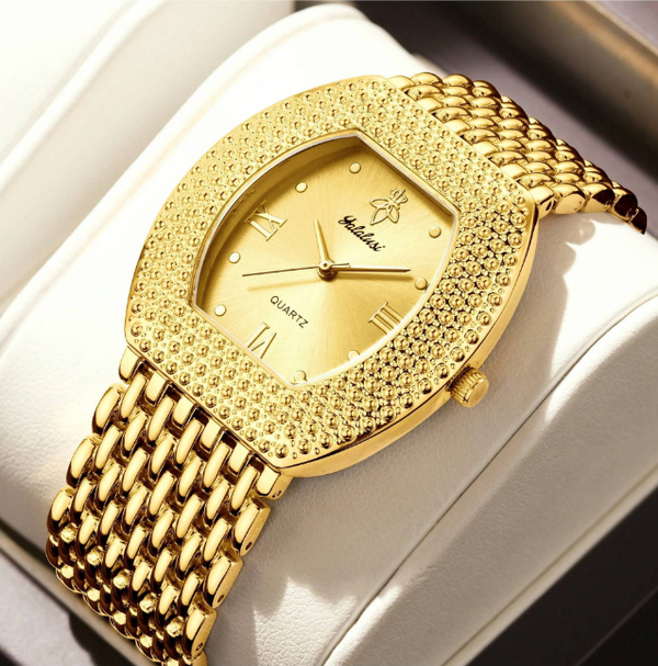 Shein - YaLaLuSi Luxury Tonneau Shaped Pointer Men's Quartz Watches Vintage Roman Fashion Pointer Watches Gold Watches