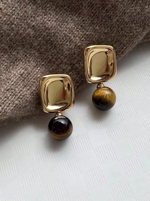 Shein - 1pair Retro Autumn And Winter Maillard Geometric Round Bead Women's Earrings