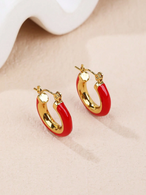 Shein - 1 Pair Fashionable Retro Red Dripping Glazed Stainless Steel Earrings